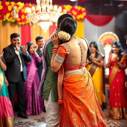 A vibrant Indian wedding scene featuring a beautiful Indian woman dancing closely with an Indian man