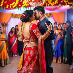 A vibrant Indian wedding scene featuring a beautiful Indian woman dancing closely with an Indian man