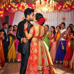 A vibrant Indian wedding scene featuring a beautiful Indian woman dancing closely with an Indian man