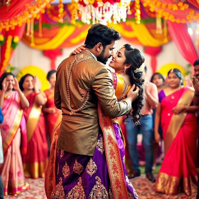 A vibrant Indian wedding scene featuring a beautiful Indian woman dancing closely with an Indian man