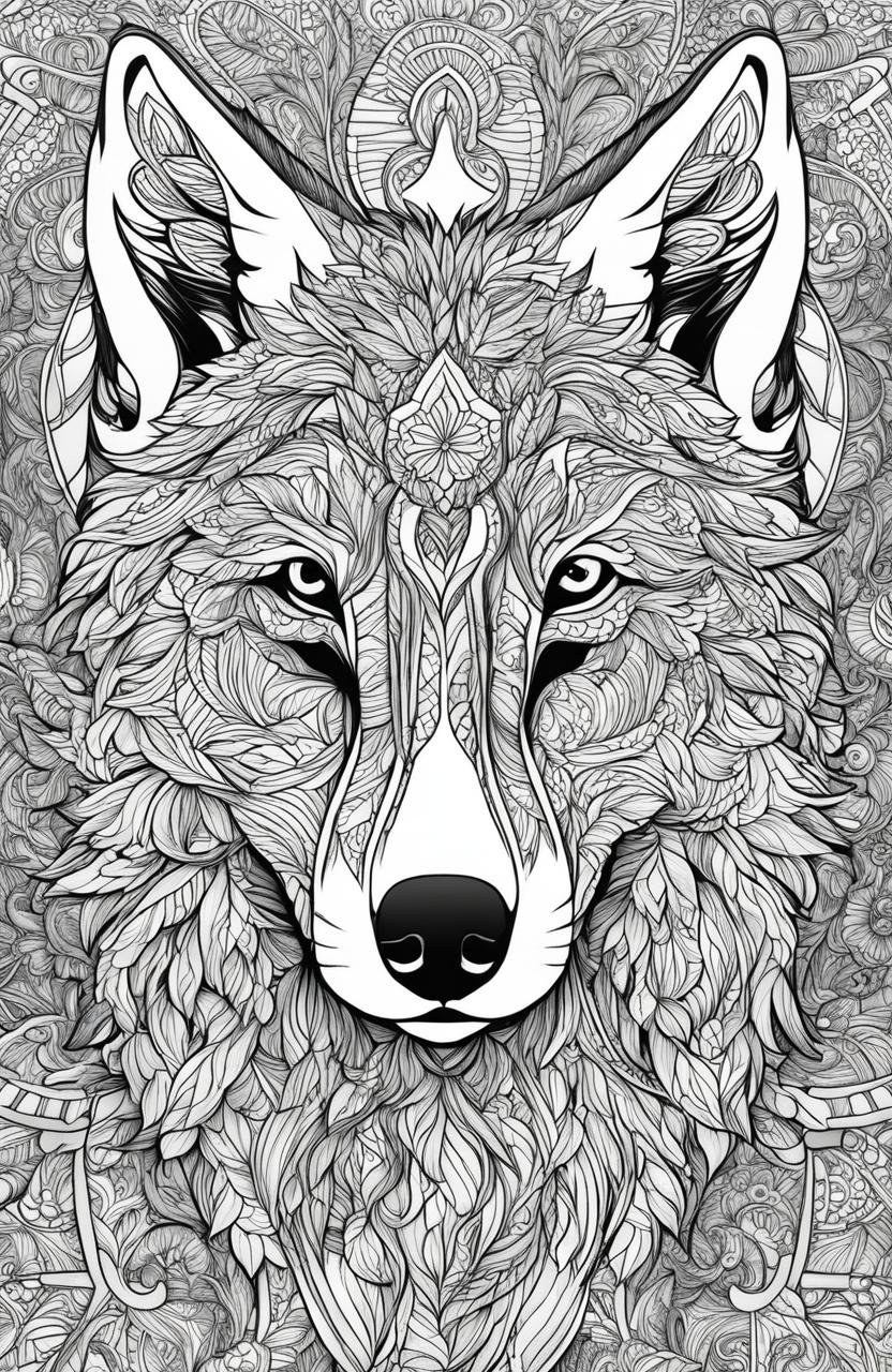 This is a high-quality coloring page featuring a detailed wolf, inspired by Tim Jeffs' art style