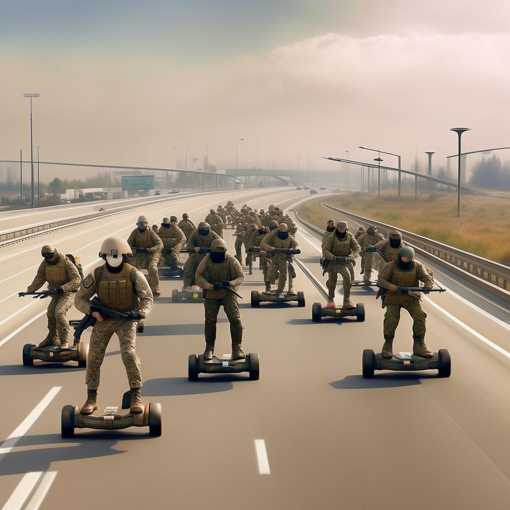 aerial view to the left, 10 combatants, in military camouflage, riding on hover-boards in the sky, next to a freeway, all combatants are armed with assault rifles and clad in skeleton face mask and normal bullet proof vests