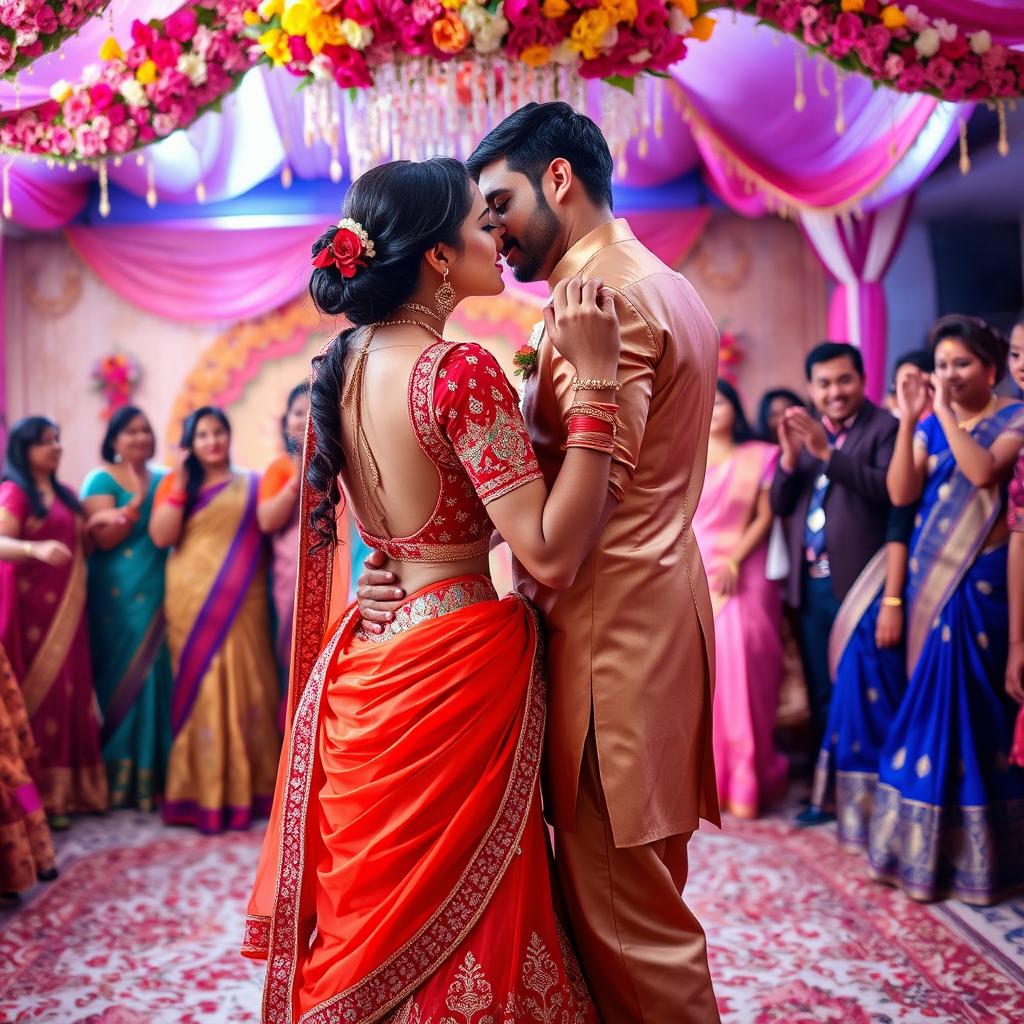 A vibrant Indian wedding scene featuring a beautiful Indian woman resembling a Bollywood actress, dancing closely with an Indian man