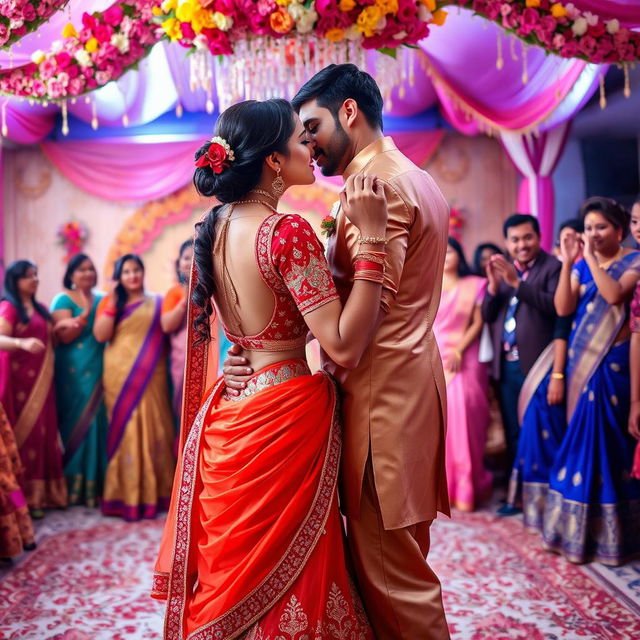 A vibrant Indian wedding scene featuring a beautiful Indian woman resembling a Bollywood actress, dancing closely with an Indian man