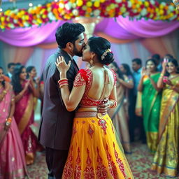 A vibrant Indian wedding scene featuring a beautiful Indian woman resembling a Bollywood actress, dancing closely with an Indian man