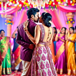 A vibrant Indian wedding scene featuring a beautiful Indian woman resembling a Bollywood actress, dancing closely with an Indian man