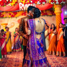 A vibrant Indian wedding scene featuring a beautiful Indian woman resembling a Bollywood actress, dancing closely with an Indian man