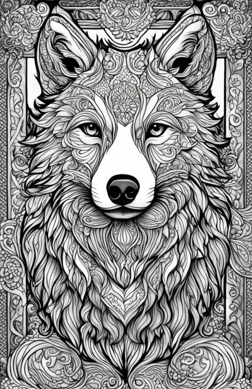 This is a high-quality coloring page featuring a detailed wolf, inspired by Tim Jeffs' art style