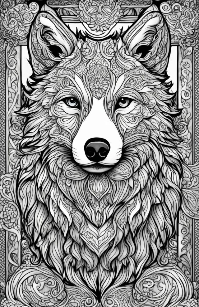 This is a high-quality coloring page featuring a detailed wolf, inspired by Tim Jeffs' art style