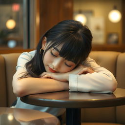A cute Japanese college girl peacefully napping in a cozy cafe, her head resting on her arms on the table
