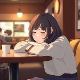 A cute Japanese college girl peacefully napping in a cozy cafe, her head resting on her arms on the table