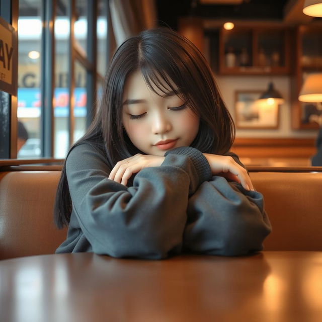 A cute Japanese college girl peacefully napping in a cozy cafe, her head resting on her arms on the table