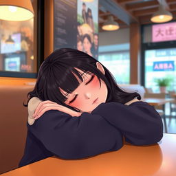 A cute Japanese college girl peacefully napping in a cozy cafe, her head resting on her arms on the table