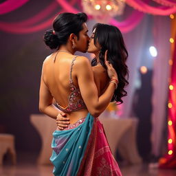 A romantic scene featuring a beautiful Indian woman resembling a Bollywood actress, close dancing with an Indian man