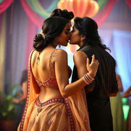 A romantic scene featuring a beautiful Indian woman resembling a Bollywood actress, close dancing with an Indian man