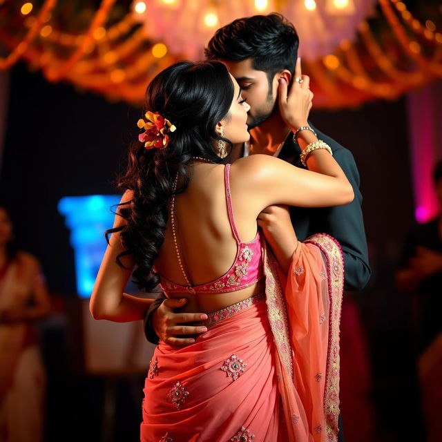 A romantic scene featuring a beautiful Indian woman resembling a Bollywood actress, close dancing with an Indian man