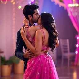 A romantic scene featuring a beautiful Indian woman resembling a Bollywood actress, close dancing with an Indian man
