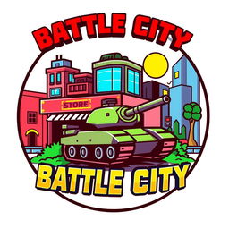 An iconic store logo inspired by the classic Battle City video game aesthetic, featuring pixelated graphics and vibrant colors