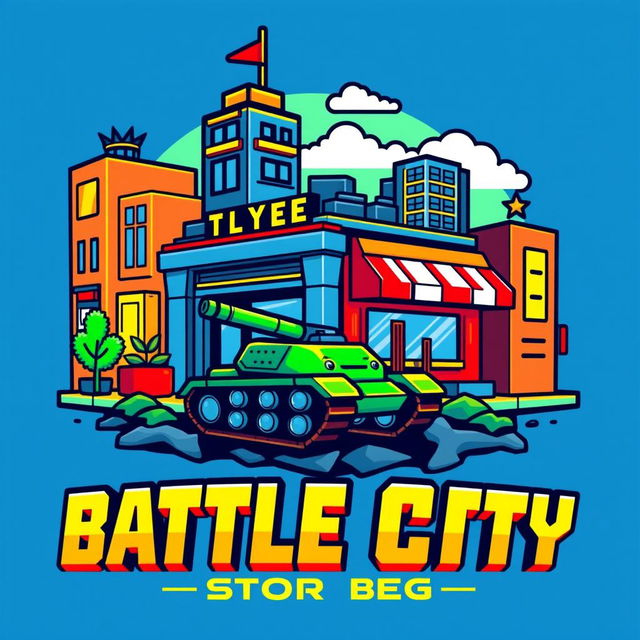 An iconic store logo inspired by the classic Battle City video game aesthetic, featuring pixelated graphics and vibrant colors