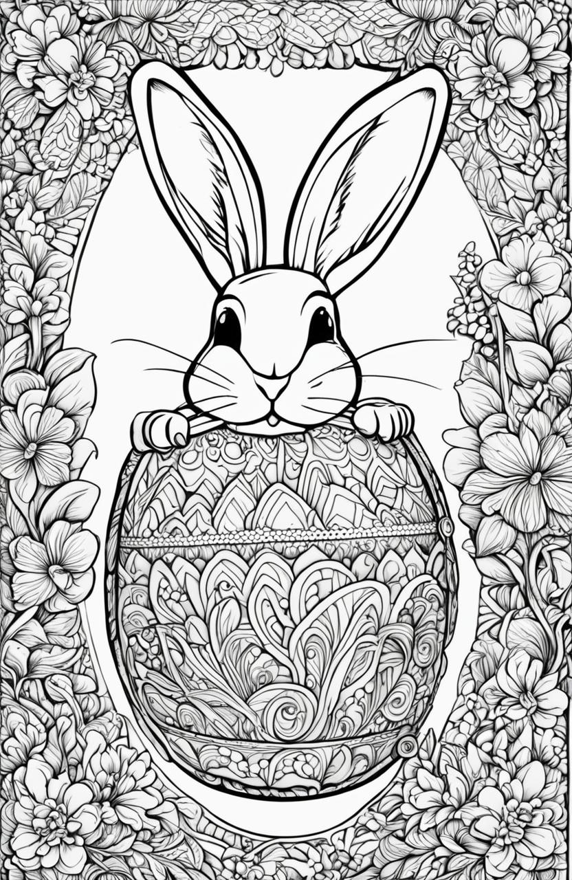 A second, distinct, high-quality, black and white colouring book page featuring an intricately-drawn Easter Bunny holding a decorated egg, in the detailed style of Tim Jeffs