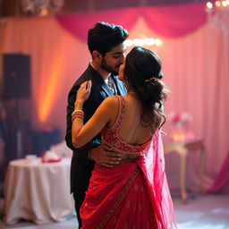 A romantic scene featuring a beautiful Indian woman resembling a Bollywood actress, close dancing with an Indian man