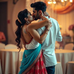 A romantic scene featuring a beautiful Indian woman resembling a Bollywood actress, close dancing with an Indian man