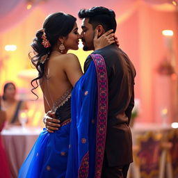 A romantic scene featuring a beautiful Indian woman resembling a Bollywood actress, close dancing with an Indian man