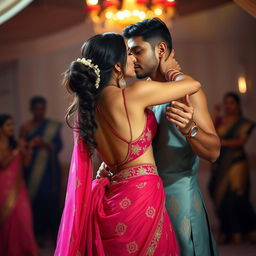 A romantic scene featuring a beautiful Indian woman resembling a Bollywood actress, close dancing with an Indian man
