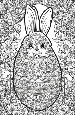 A second, distinct, high-quality, black and white colouring book page featuring an intricately-drawn Easter Bunny holding a decorated egg, in the detailed style of Tim Jeffs