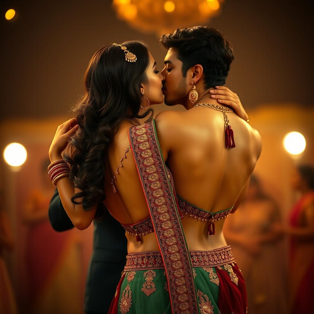 A romantic scene showcasing a beautiful Indian woman resembling a Bollywood actress, close dancing with an Indian man