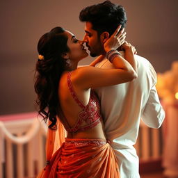 A romantic scene showcasing a beautiful Indian woman resembling a Bollywood actress, close dancing with an Indian man