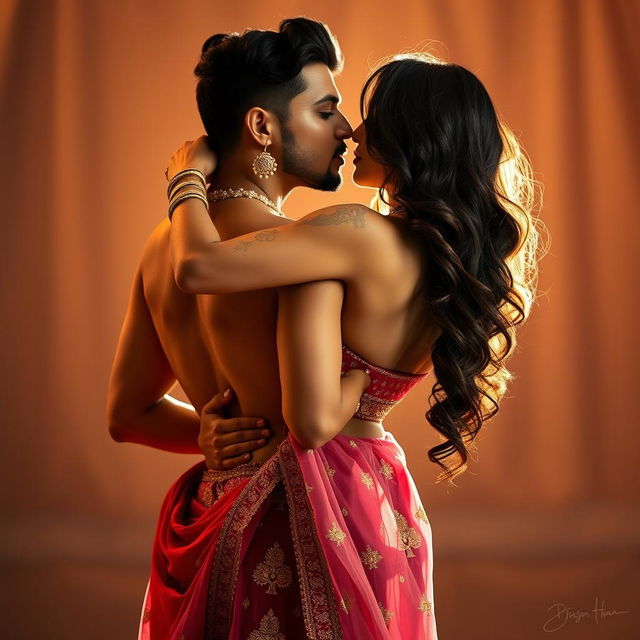 A romantic scene showcasing a beautiful Indian woman resembling a Bollywood actress, close dancing with an Indian man