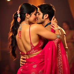 A romantic scene showcasing a beautiful Indian woman resembling a Bollywood actress, close dancing with an Indian man