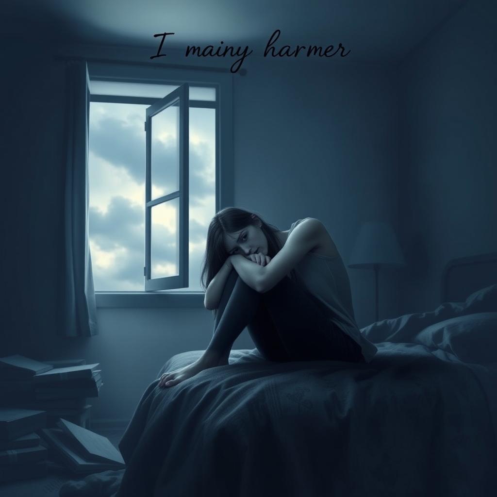 A somber book cover design depicting a teenage girl sitting on the edge of a bed in a dimly lit room