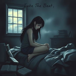 A somber book cover design depicting a teenage girl sitting on the edge of a bed in a dimly lit room
