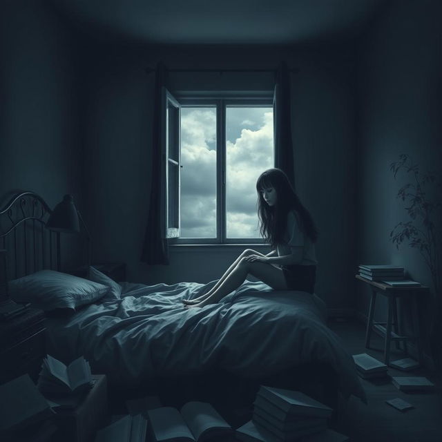 A somber book cover design depicting a teenage girl sitting on the edge of a bed in a dimly lit room