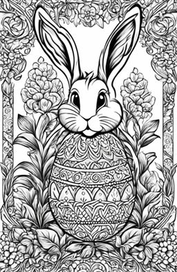 A second, distinct, high-quality, black and white colouring book page featuring an intricately-drawn Easter Bunny holding a decorated egg, in the detailed style of Tim Jeffs