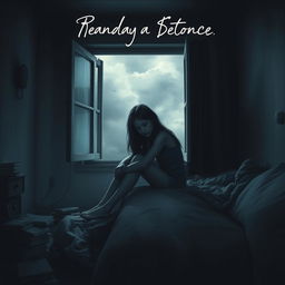 A somber book cover design depicting a teenage girl sitting on the edge of a bed in a dimly lit room