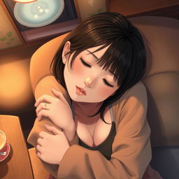 A realistic depiction of a cute Japanese college girl peacefully asleep in a cozy cafe, viewed from above