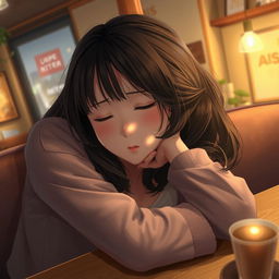 A realistic depiction of a cute Japanese college girl peacefully asleep in a cozy cafe, viewed from above