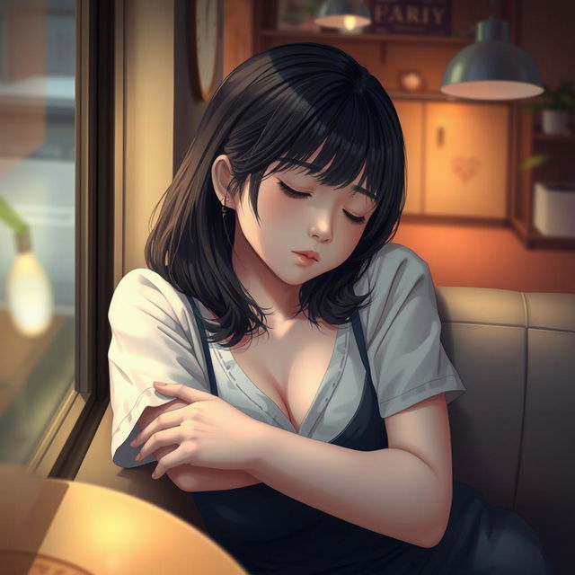 A realistic depiction of a cute Japanese college girl peacefully asleep in a cozy cafe, viewed from above