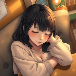 A realistic depiction of a cute Japanese college girl peacefully asleep in a cozy cafe, viewed from above
