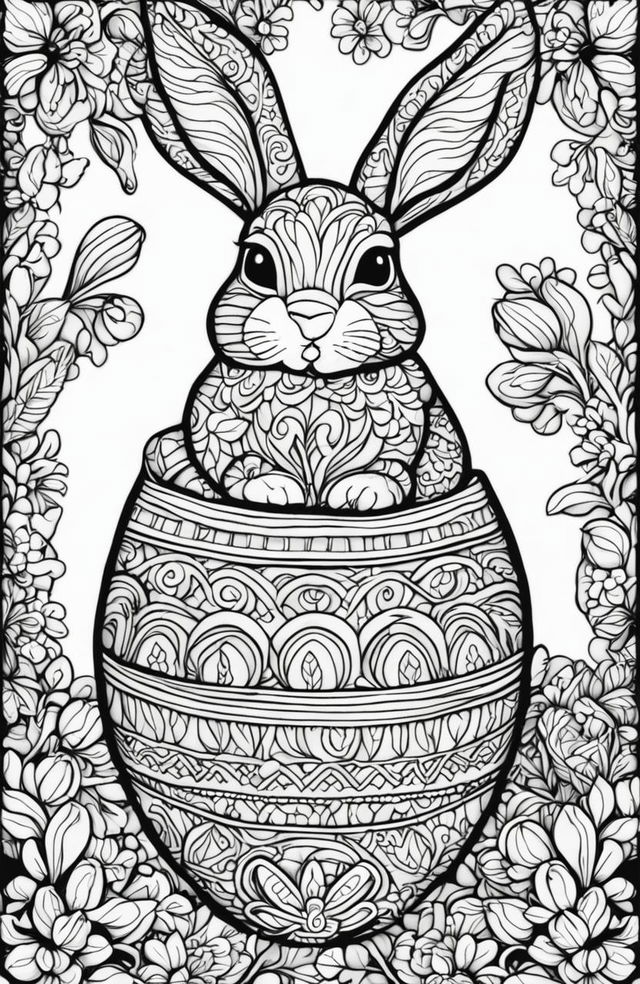 A second, distinct, high-quality, black and white colouring book page featuring an intricately-drawn Easter Bunny holding a decorated egg, in the detailed style of Tim Jeffs