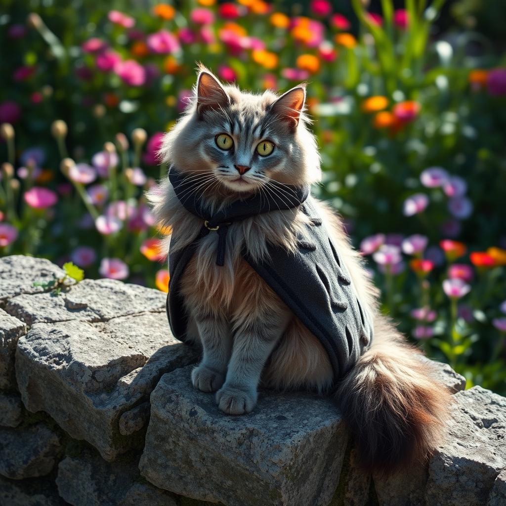 A fluffy gray cat wearing a stylish cloak, sitting gracefully on a rugged stone wall