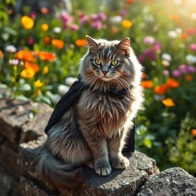 A fluffy gray cat wearing a stylish cloak, sitting gracefully on a rugged stone wall