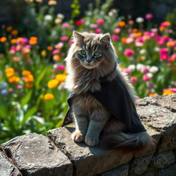 A fluffy gray cat wearing a stylish cloak, sitting gracefully on a rugged stone wall