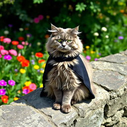 A fluffy gray cat wearing a stylish cloak, sitting gracefully on a rugged stone wall