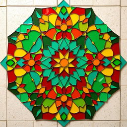 An intricate mosaic tile design featuring a range of vibrant colors like turquoise, deep red, sunny yellow, and lush green