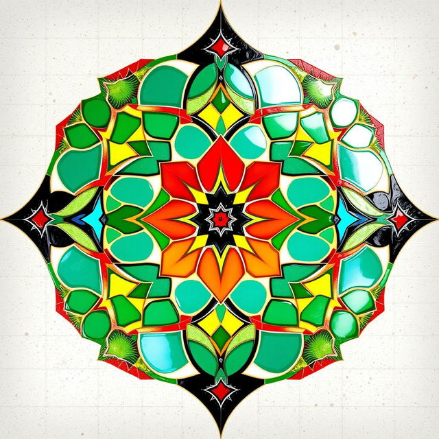 An intricate mosaic tile design featuring a range of vibrant colors like turquoise, deep red, sunny yellow, and lush green