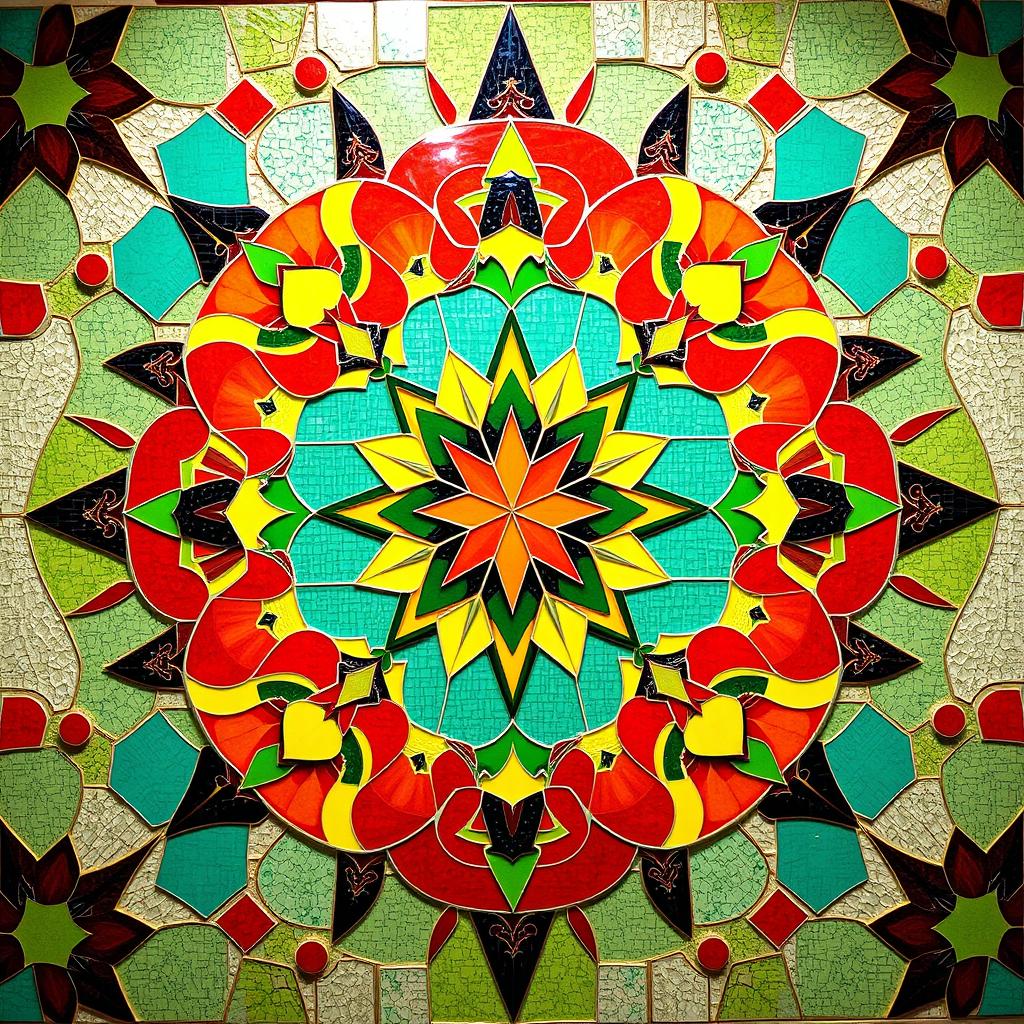 An intricate mosaic tile design featuring a range of vibrant colors like turquoise, deep red, sunny yellow, and lush green